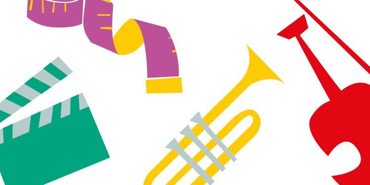 A green clapper board, pink tape measure, yellow trumpet and red violin